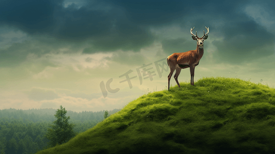 魔力设山丘摄影照片_一只鹿站在郁郁葱葱的山丘上