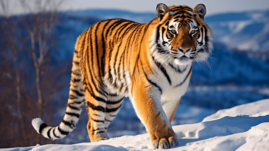 老虎边框动图摄影照片_一只东北虎站在积雪覆盖的地面上