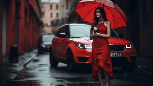一名女子站在车辆前，身穿红色火焰礼服，撑着黑色雨伞