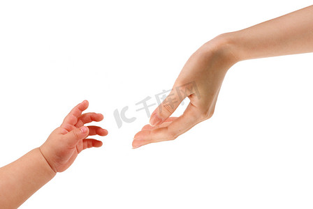 儿童和成人的两只手，手，隔离在白色背景上。