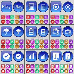 播放、计算器、向上箭头、雨伞、电池、联系人、勾号、图表、注释。