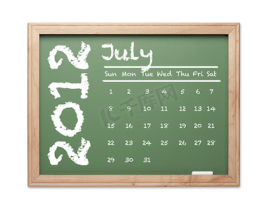 2012 年 7 月绿色黑板上的日历