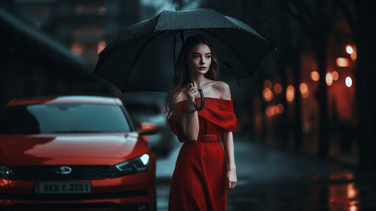 一名女子站在车辆前，身穿红色火焰礼服，撑着黑色雨伞