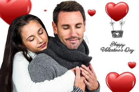 情人节热气球情侣摄影照片_微笑的情侣拥抱闭着眼睛的复合图像