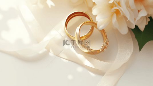 婚礼戒指背景图片_婚礼邀请函花朵和一对金戒指背景