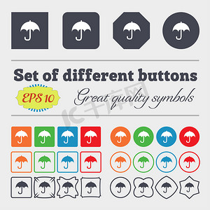 品质标签摄影照片_雨伞图标标志大套色彩缤纷、多样化、高品质的按钮。
