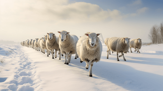 一群羊在白雪覆盖的田野上行走