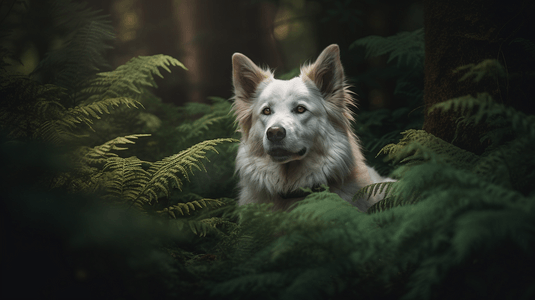 大树丛摄影照片_树丛中的白色大狗