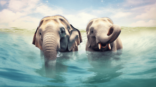 两头大象在一片水域中游泳