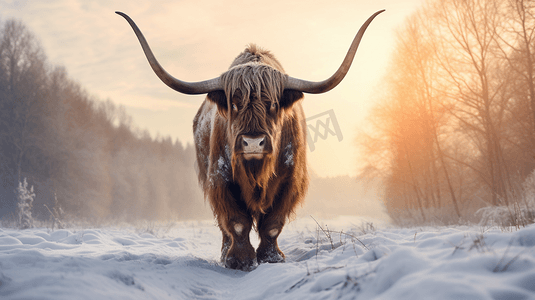 一头长着角的长毛公牛站在雪地上