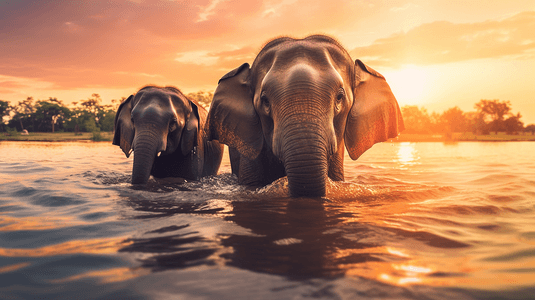 两头大象在一片水域中游泳