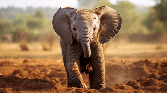 可爱的小象站在泥土里