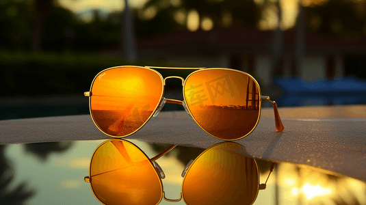 泳池旁的金框橙色镜片飞行员式太阳镜