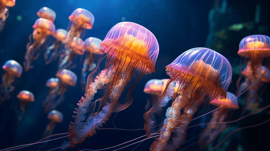 在水中游泳的彩色水母群