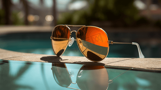 泳池旁的金框橙色镜片飞行员式太阳镜