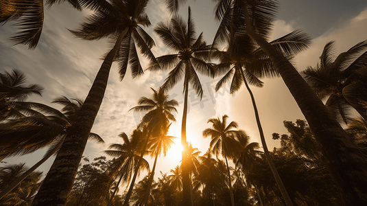 小角拍摄黄金时段的椰子树