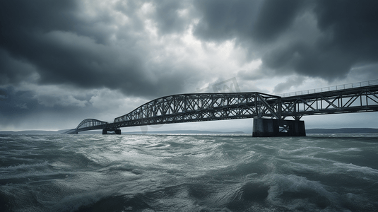 阴雨天跨海黑色金属桥梁