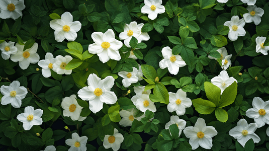 国潮白花摄影照片_绿叶中盛开的白花