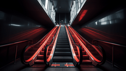 黑红撞色摄影照片_大楼里的黑红相间的自动扶梯2