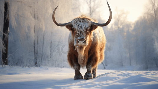 一头长毛公牛站在雪地上