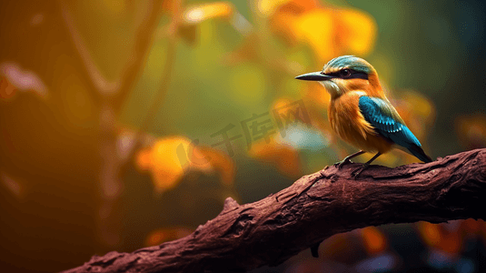 一只蓝黄相间的鸟栖息在森林的树枝上