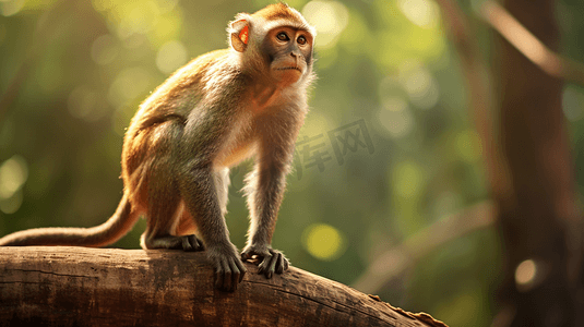 猴子溺水摄影照片_猴子站在森林里的树桩上
