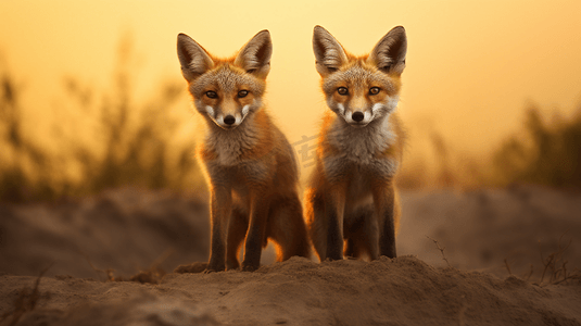 干旱期草原上的两只狐狸