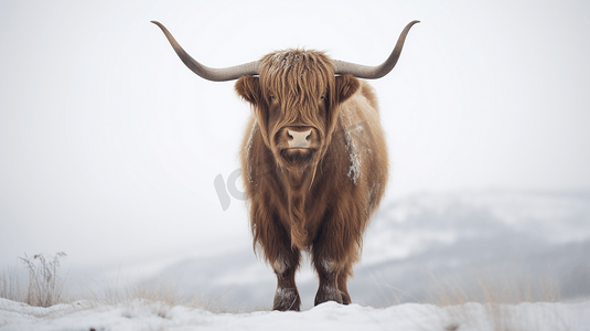 雪摄影照片_一头站在雪地上的长毛公牛