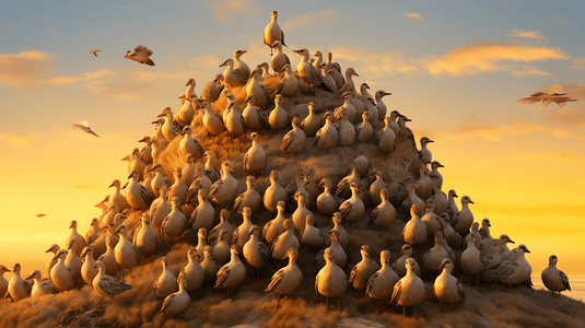 一大群鸟聚集在农场麦垛上