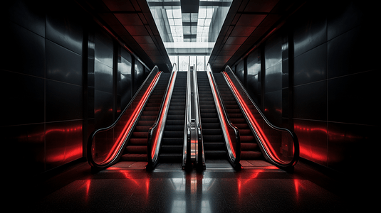 黑红电竞摄影照片_大楼里的黑红相间的自动扶梯1