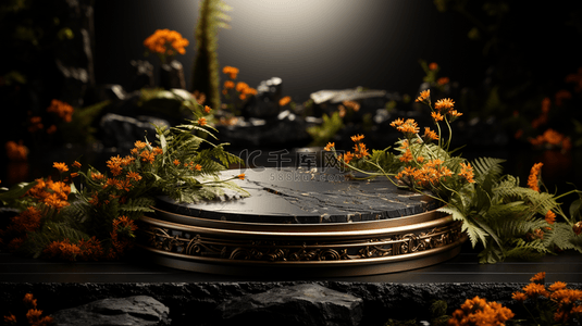 黑金奢华背景图片_3D黑金电商产品展台广告自然花朵背景