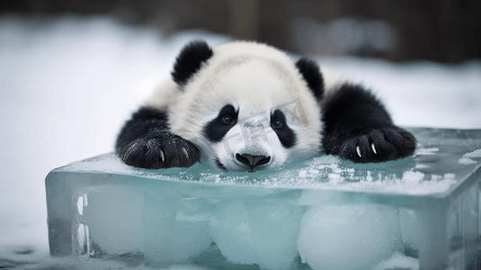 炎炎夏日摄影照片_可爱的熊猫趴在冰上解暑