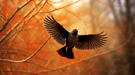 一只黑色的鸟飞过秋冬天树林