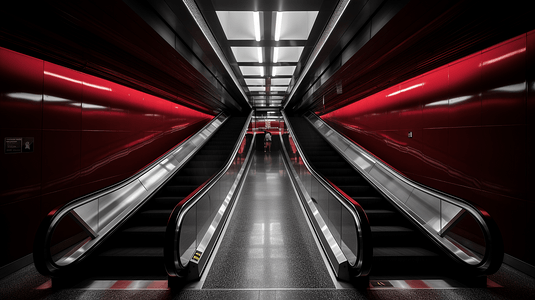 黑红色块摄影照片_大楼里的黑红相间的自动扶梯