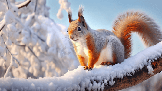 一只松鼠正坐在雪地里的树枝上