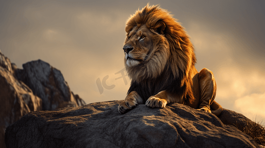 一只成年雄狮坐在岩石上