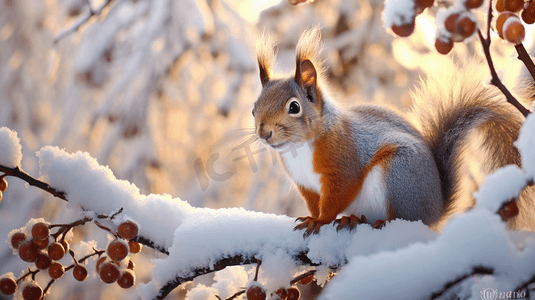 坐在雪地里摄影照片_一只松鼠正坐在雪地里的树枝上