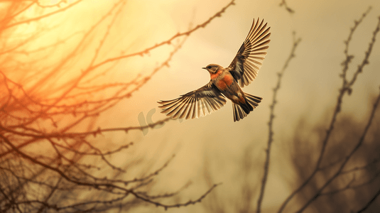 一只鸟飞过秋冬天树林