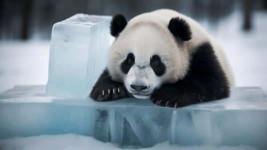 可爱的熊猫趴在冰上解暑