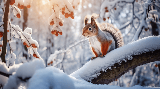 一只松鼠正坐在雪地里的树枝上