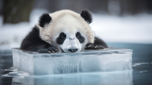 炎炎夏日摄影照片_可爱的熊猫趴在冰块上解暑