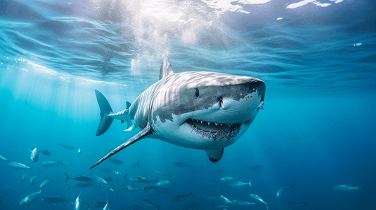 大嘴鲨鱼卡通摄影照片_水下的鲨鱼和鱼群1