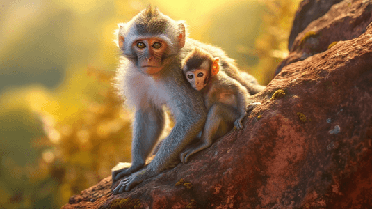一只猴子妈妈和她的宝宝在岩石上