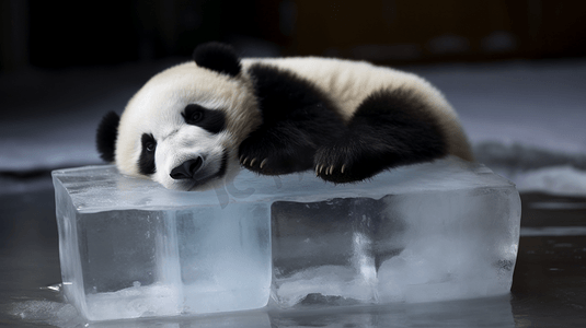 可爱的熊猫趴在冰上解暑