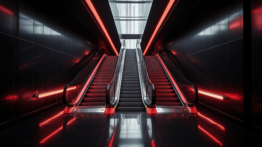 黑红电竞摄影照片_大楼里的黑红相间的自动扶梯