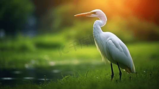 一只长着长喙的白色小鸟站在草地上