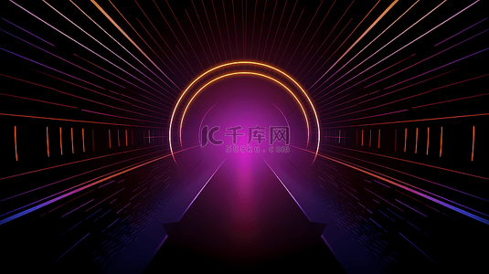 科技线条紫色背景图片_金色紫色科技线条霓虹灯光辐射隧道背景