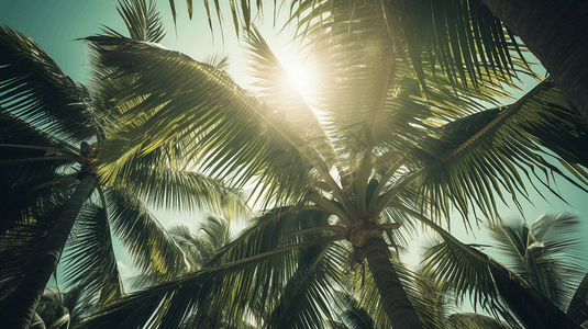 阳光透过绿色棕榈树叶