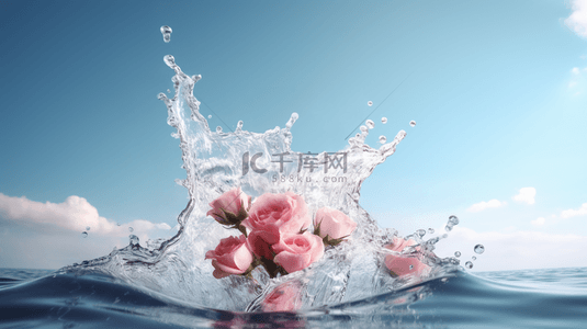 粉色玫瑰水面水花溅射背景