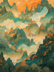 风和背景图片_青绿相间的山脉暗金色和天青背景18